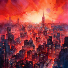 An oil painting of a cityscape with a red sunset in the background Generative Ai