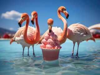 Fototapeta na wymiar Flamingos eat ice cream in the pool