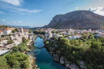 Tissu par mètre Stari Most Aerial view on Mostar city with Old Bridge and Hum Hill, Bosnia and Herzegovina