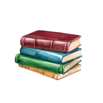 Multicolored books. Watercolor hand drawn illustration of a stack of books. Clipart for the design of the writer's blog and bookstore. For the design of postcards for the day of knowledge.
