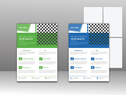 Medical flyer template with minimalist layout,  two colors scheme, green and blue, medical presentation, easy to use, creative flyer template in A4 size, poster vector design for brochure.
