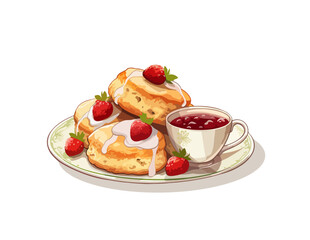 Sweet buns with cream and strawberries in a plate with a cup of strawberry juice. Vector illustration