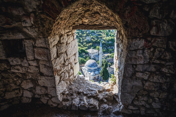 View from window of tower of Citadel in Pocitelj historic village, Bosnia and Herzegovina