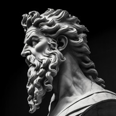 Fototapeta na wymiar A close up of a greek statue of a man with a beard isolated on a black background Generative Ai