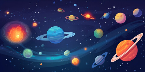 Cartoon illustration Of Space. Space flat background with planets and stars. Galaxy illustration for kids. Generative AI