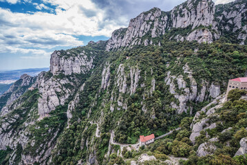 Aerial view with Santa Cova Funicular station from Santa Maria de Montserrat Abbey in Montserrat...