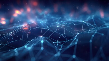 Obraz premium Abstract blue technology background with a cyber network grid and connected particles. Artificial neurons, global data connections - Generative AI