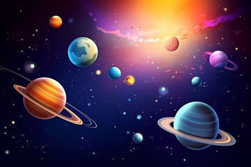 Fototapeta na wymiar Cartoon illustration Of Space. Space flat background with planets and stars. Galaxy illustration for kids. Generative AI