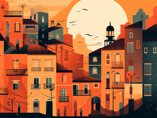 Obraz premium A city with a sunset in the background flat design vector style illustration Generative Ai