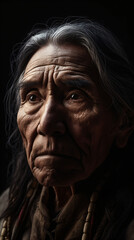 An old native american man with long hair isolated on a black background Generative Ai