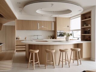 Fototapeta premium Contemporary wooden dining room and kitchen. Generative AI