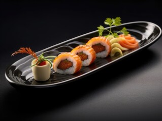 Fototapeta na wymiar Delicious sushi rolls on black table, Japanese food. Generative AI
