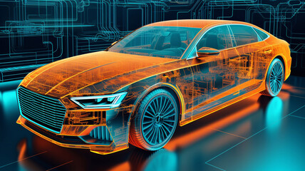 Automotive Engineer Uses Digital Tablet with Augmented Reality for Car Design Analysis and Improvement. 3D Graphics Visualization Shows Fully Developed Vehicle Prototype Analysed Generative AI