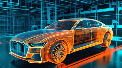 Automotive Engineer Uses Digital Tablet with Augmented Reality for Car Design Analysis and Improvement. 3D Graphics Visualization Shows Fully Developed Vehicle Prototype Analysed Generative AI