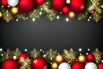 Fototapeta na wymiar Christmas background with fir branches, red balls and snowflakes.