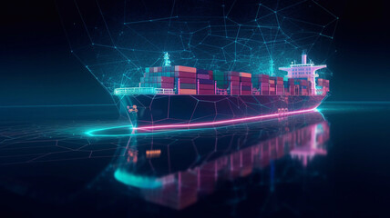 Abstract low poly 3d cargo ship isolated in dark blue background. Container ships, transportation, logistics or international shipping concept. Digital mesh illustration looks like Generative AI - obrazy, fototapety, plakaty