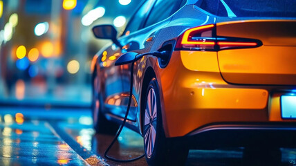 Close-up modern EV Car recharging battery from EV charging machine on black color background, EV Car are a popular new innovation and zero-emission vehicle, green energy for smart life, Generative AI