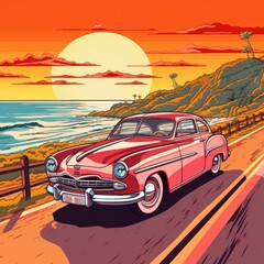 Obraz na płótnie Canvas A line art illustration of a retro car