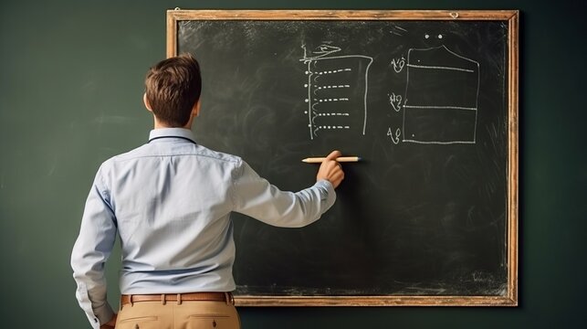 School Teacher And Lecturer Near Chalkboard Blackboard, Background With Place For Text, Horizontal Image, Generative AI
