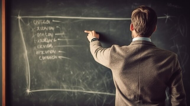 School teacher and lecturer near chalkboard blackboard, background with place for text, horizontal image, generative AI
