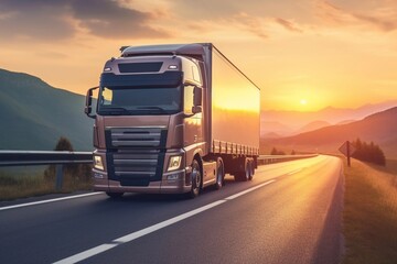 European truck vehicle on motorway with dramatic sunset light. Cargo transportation and supply theme. Generative AI