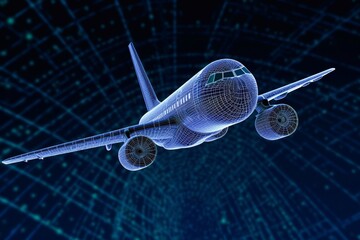 Abstract background with digital grid airplane and blurred lines. Big data. Wireframe 3d plane engineering concept with lens effects. Travel, tourism, transport. Generative AI