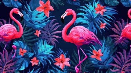  Tropical Print with Pink Flamingo and Palm Leaves, ai generative