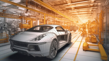 Obraz premium Car design engineers using holographic app in digital tablet. Develop modern innovative high-tech cutting edge eco-friendly electric car with sustainable standards. They test the Generative AI