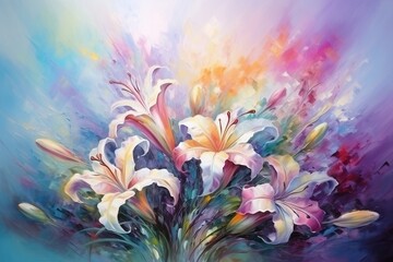Watercolor background with lilies in impressionist style. ai generative art.