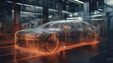 Car design engineers using holographic app in digital tablet. Develop modern innovative high-tech cutting edge eco-friendly electric car with sustainable standards. They test the Generative AI