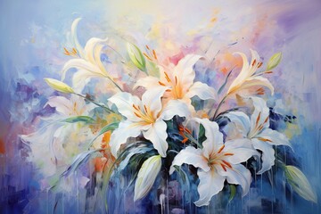 Watercolor background with lilies in impressionist style. ai generative art.