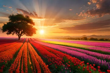 sunset in the field of flower generated ai