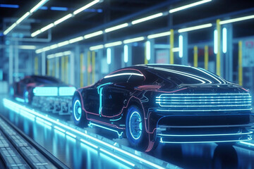 High speed luxury sport driving in the city - futuristic car concept (with grunge overlay) generic and brand less - 3d illustration Generative AI