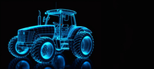 Wireframe of a large tractor made of blue lines with glowing lights isolated on a dark background. Perspective view. Generative AI