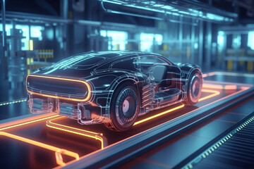 Fototapeta premium High speed luxury sport driving in the city - futuristic car concept (with grunge overlay) generic and brand less - 3d illustration Generative AI