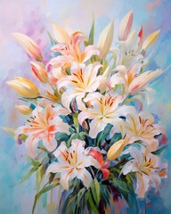 Fototapeta na wymiar Watercolor background with lilies in impressionist style. ai generative art.