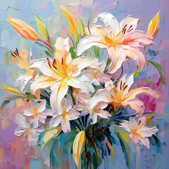 Fototapeta na wymiar Watercolor background with lilies in impressionist style. ai generative art.