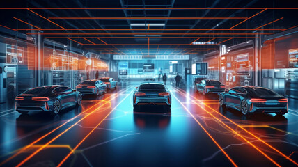 Fototapeta premium Electronic vehicle charging station control stop refuel point, hand pressing starting charge energy button, electric power EV car futuristic eco environmental friendly energy, blue Generative AI