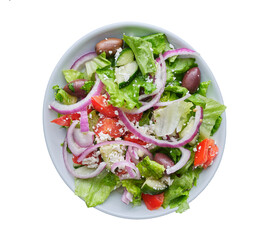 greek salad in bowl on transparent background shot from overhead view 