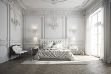 monochromatic interior in white. Classic interior with classic furniture and copy space. walls that have elaborate moldings. a parquet floor. electronic illustration. Generative AI