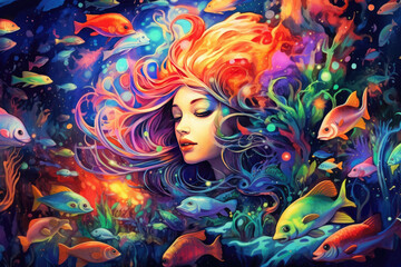 Colorful and bright illustration of a young woman mermaid underwater with fishes around her