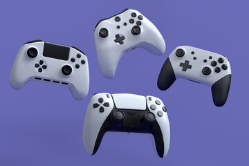 Set of flying gamer joysticks or gamepads on violet background © Vasyl Onyskiv