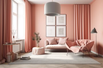 Monochrome flat room without furniture and vacant, Double Frames Gallery Wall in light pink and pinkish orange, poster mockup room. Generative AI