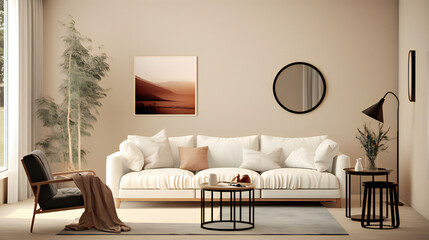 Stylish Living Room Interior with Mockup Frame Poster, Modern interior design, 3D render, 3D illustration