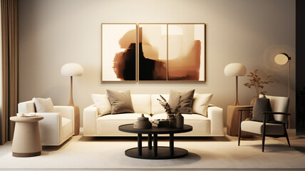 Stylish Living Room Interior with Mockup Frame Poster, Modern interior design, 3D render, 3D illustration