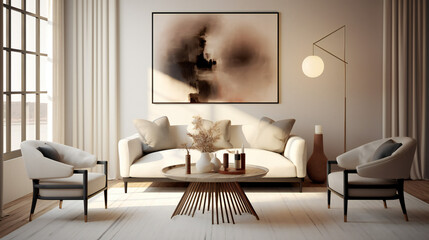 Stylish Living Room Interior with Mockup Frame Poster, Modern interior design, 3D render, 3D illustration