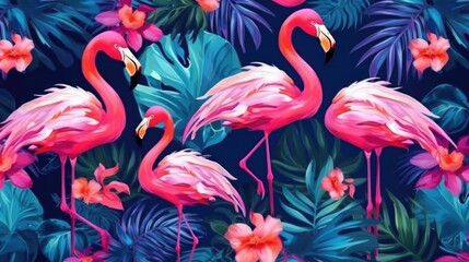 Obraz premium Tropical Print with Pink Flamingo and Palm Leaves, ai generative