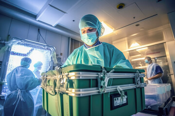 Organ transplantation medical professional in a rush, following a strict procedure with an organ transplant case