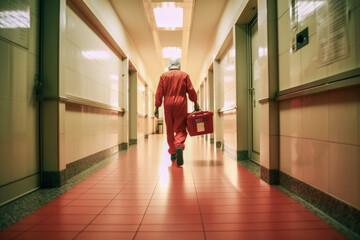 Medical professional carefully carries an organ transplant container down a hospital corridor, hoping to give someone a second chance at life - obrazy, fototapety, plakaty