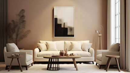 Stylish Living Room Interior with Mockup Frame Poster, Modern interior design, 3D render, 3D illustration